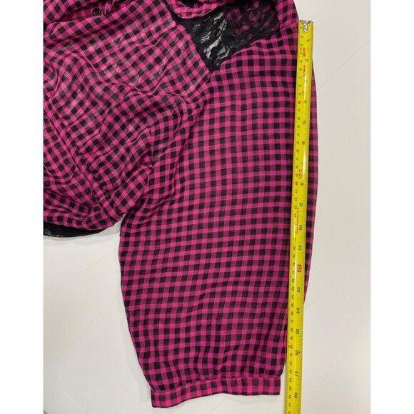 TORRID Women's Loose Button-Up Top Bust 52" Pink Black Plaid Lace Hi-Lo Hem EUC - Picture 14 of 15